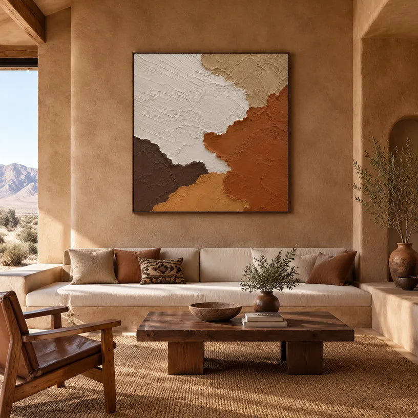 Wabi-Sabi abstract oil painting showing layered abstract marks, texture and expressive painterly movement in a brown palette.