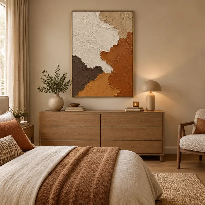 Wabi-Sabi abstract oil painting showing layered abstract marks, texture and expressive painterly movement in a brown palette.