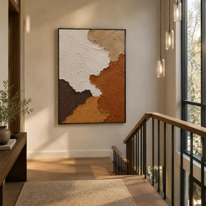 Wabi-Sabi abstract oil painting showing layered abstract marks, texture and expressive painterly movement in a brown palette.