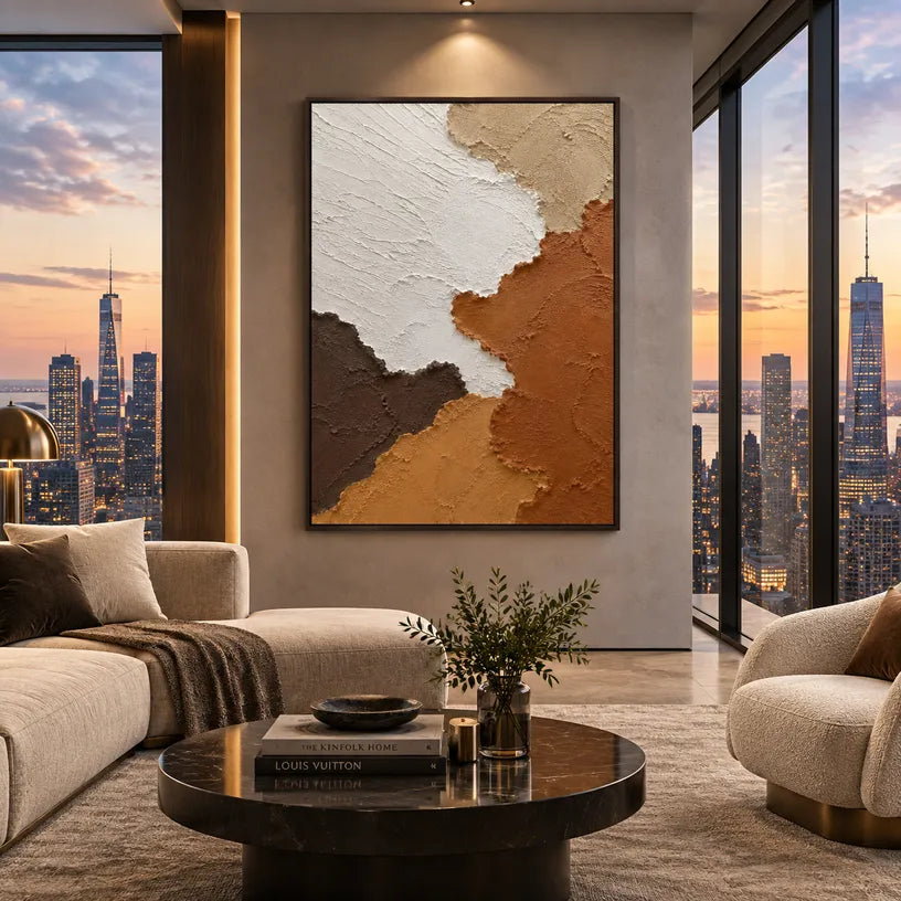 Wabi-Sabi abstract oil painting showing layered abstract marks, texture and expressive painterly movement in a brown palette.