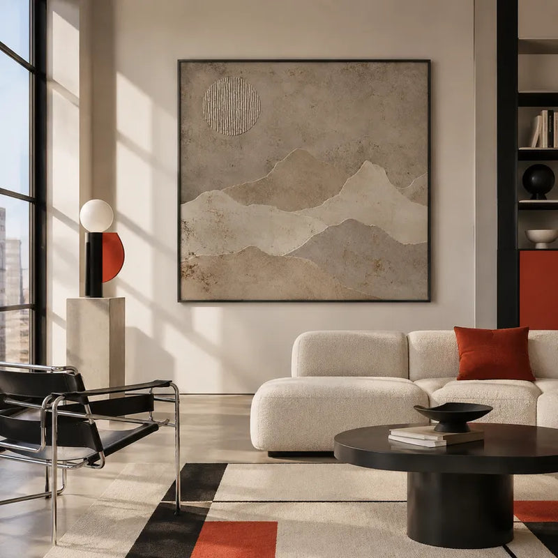 Peinture à l'huile de paysages, de marines et de paysages urbains Wabi-Sabi présentant un paysage atmosphérique, un paysage marin ou une composition inspirée de la ville dans une palette beige.