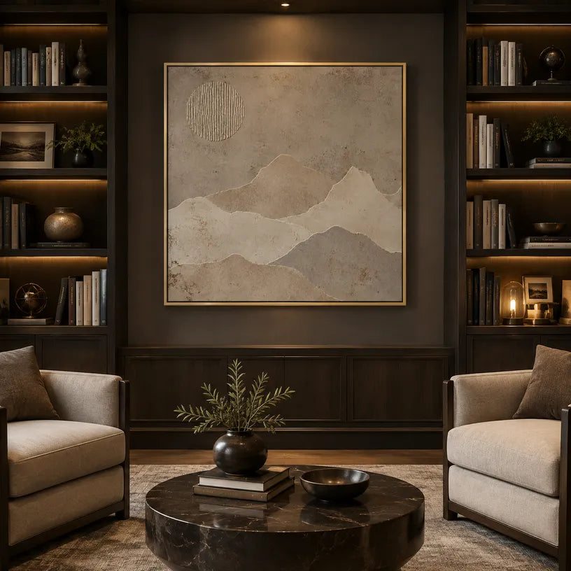 Wabi-Sabi abstract oil painting showing layered abstract marks, texture and expressive painterly movement in a brown palette.