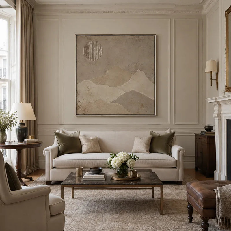 Peinture à l'huile de paysages, de marines et de paysages urbains Wabi-Sabi présentant un paysage atmosphérique, un paysage marin ou une composition inspirée de la ville dans une palette beige.