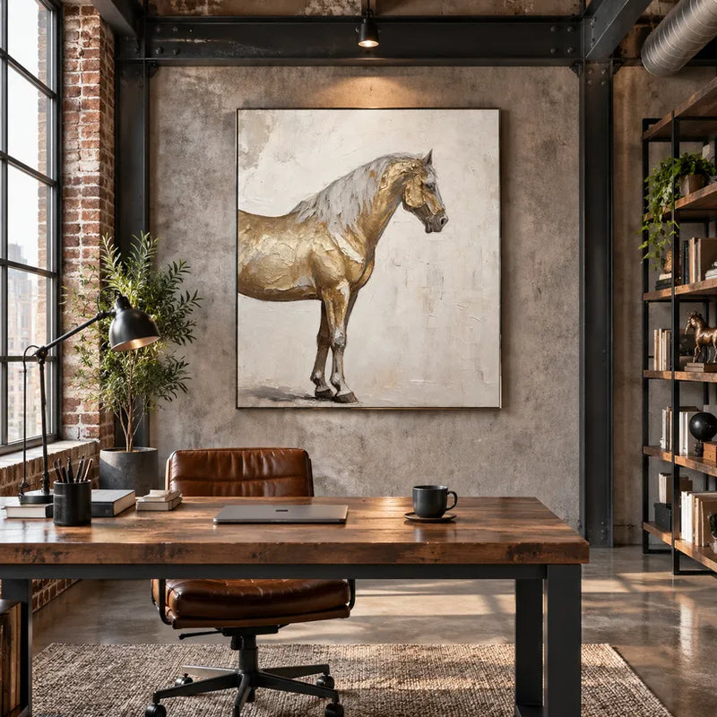 Dipinto a olio con animali Wabi-Sabi che presenta un soggetto animale espressivo reso con pennellate visibili in una tavolozza marrone.
