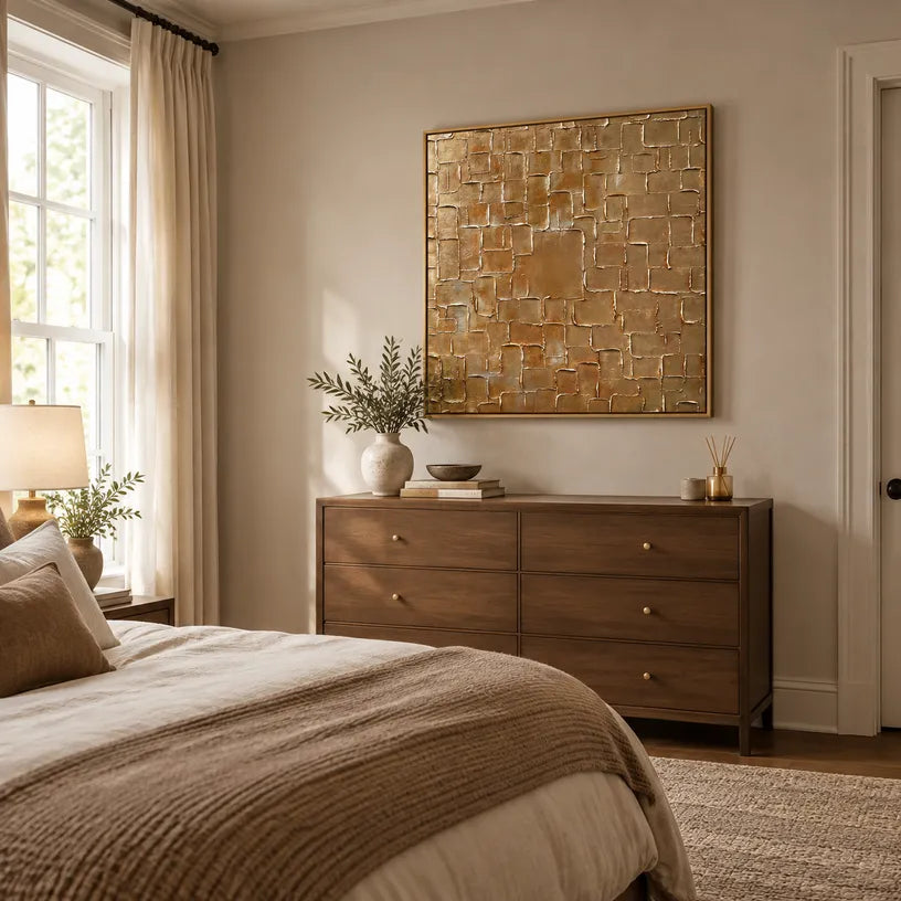 Wabi-Sabi abstract oil painting showing layered abstract marks, texture and expressive painterly movement in a orange palette.