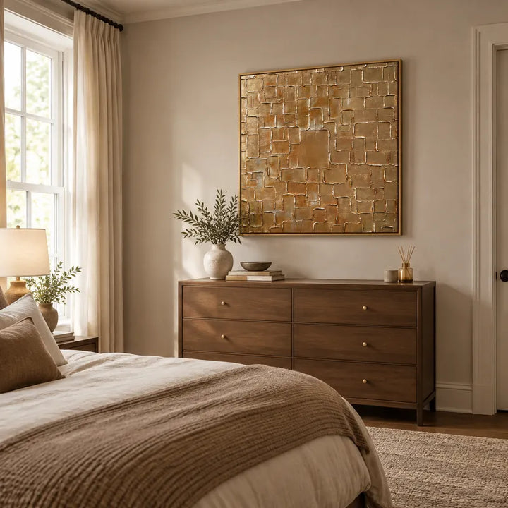 Pittura a olio astratta e concettuale Wabi-Sabi con segni astratti stratificati, consistenza e movimento pittorico espressivo in una tavolozza marrone.