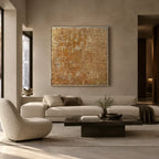 Wabi-Sabi abstract oil painting showing layered abstract marks, texture and expressive painterly movement in a orange palette.