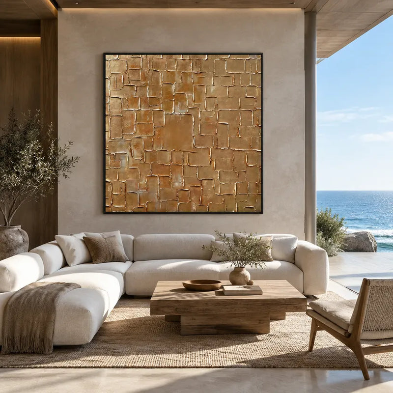 Pittura a olio astratta e concettuale Wabi-Sabi con segni astratti stratificati, consistenza e movimento pittorico espressivo in una tavolozza marrone.