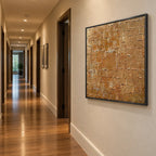 Wabi-Sabi abstract oil painting showing layered abstract marks, texture and expressive painterly movement in a orange palette.