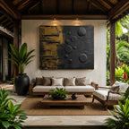 Wabi-Sabi abstract oil painting showing layered abstract marks, texture and expressive painterly movement in a black palette.