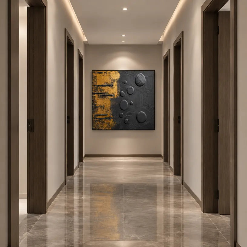 Wabi-Sabi abstract oil painting showing layered abstract marks, texture and expressive painterly movement in a black palette.