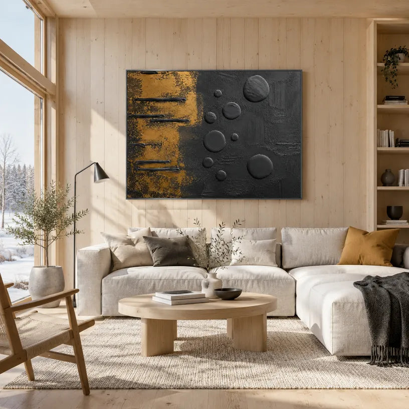 Wabi-Sabi abstract oil painting showing layered abstract marks, texture and expressive painterly movement in a black palette.