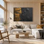 Wabi-Sabi abstract oil painting showing layered abstract marks, texture and expressive painterly movement in a black palette.