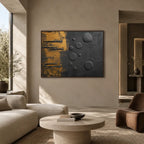 Wabi-Sabi abstract oil painting showing layered abstract marks, texture and expressive painterly movement in a black palette.