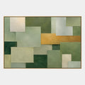 Peinture à l'huile abstraite et conceptuelle Wabi-Sabi présentant des marques abstraites superposées, une texture et un mouvement pictural expressif dans une palette verte.