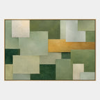 Wabi-Sabi abstract oil painting showing layered abstract marks, texture and expressive painterly movement in a green palette.