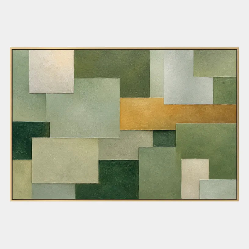 Wabi-Sabi abstract oil painting showing layered abstract marks, texture and expressive painterly movement in a green palette.