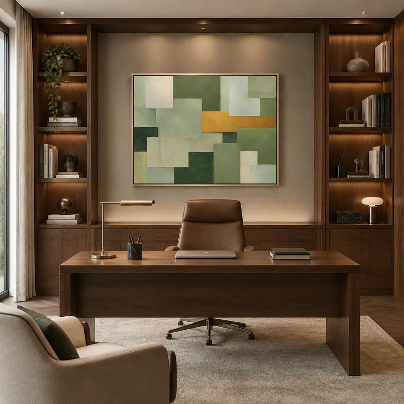 Wabi-Sabi abstract oil painting showing layered abstract marks, texture and expressive painterly movement in a green palette.
