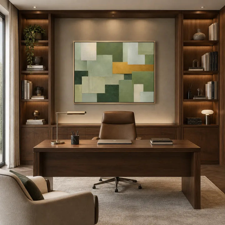 Pittura a olio astratta e concettuale Wabi-Sabi con segni astratti stratificati, consistenza e movimento pittorico espressivo in una tavolozza verde.