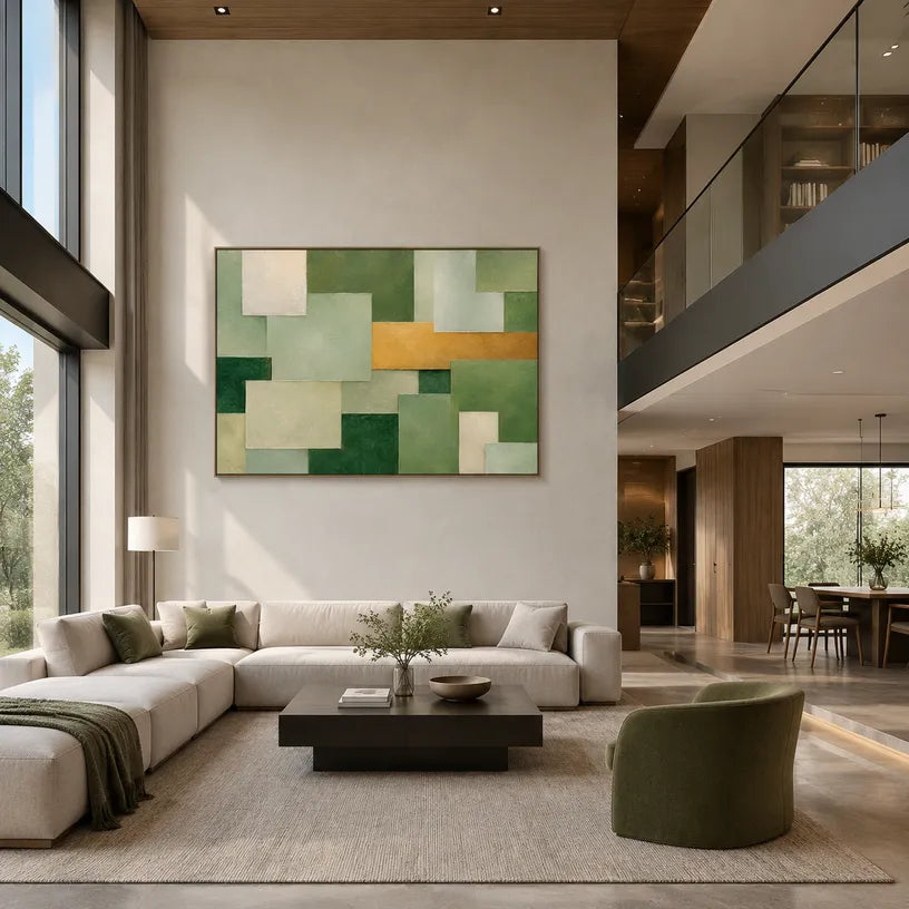 Wabi-Sabi abstract oil painting showing layered abstract marks, texture and expressive painterly movement in a green palette.