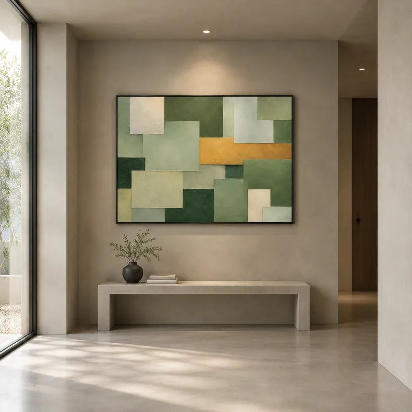 Wabi-Sabi abstract oil painting showing layered abstract marks, texture and expressive painterly movement in a green palette.