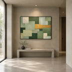 Wabi-Sabi abstract oil painting showing layered abstract marks, texture and expressive painterly movement in a green palette.