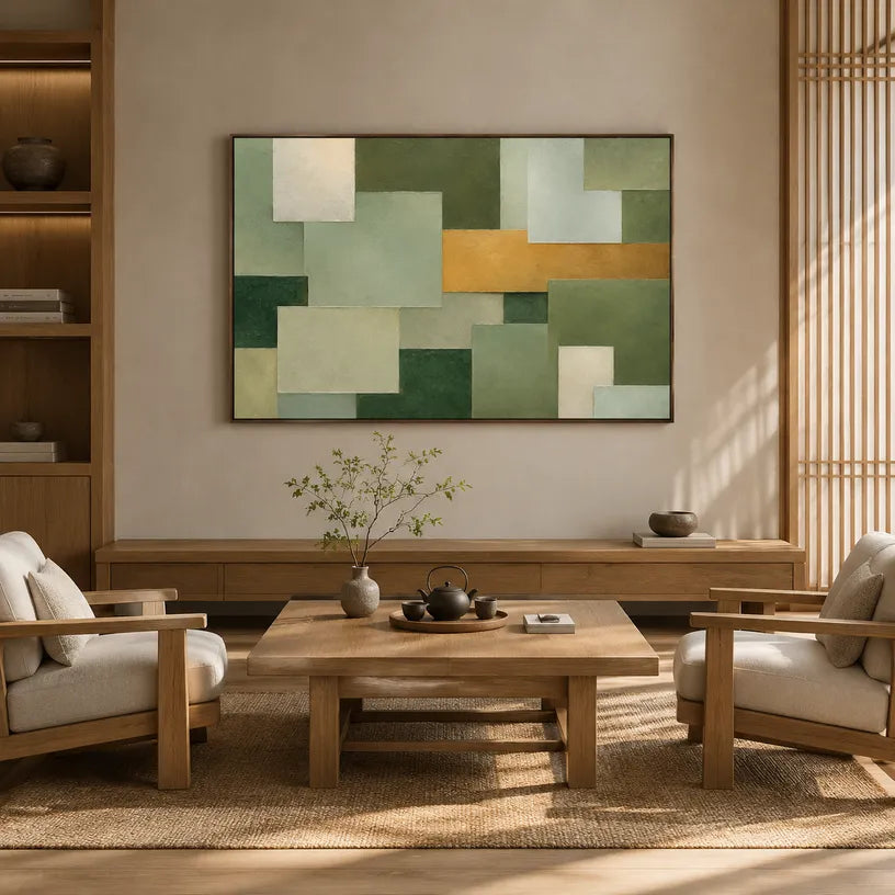 Wabi-Sabi abstract oil painting showing layered abstract marks, texture and expressive painterly movement in a green palette.