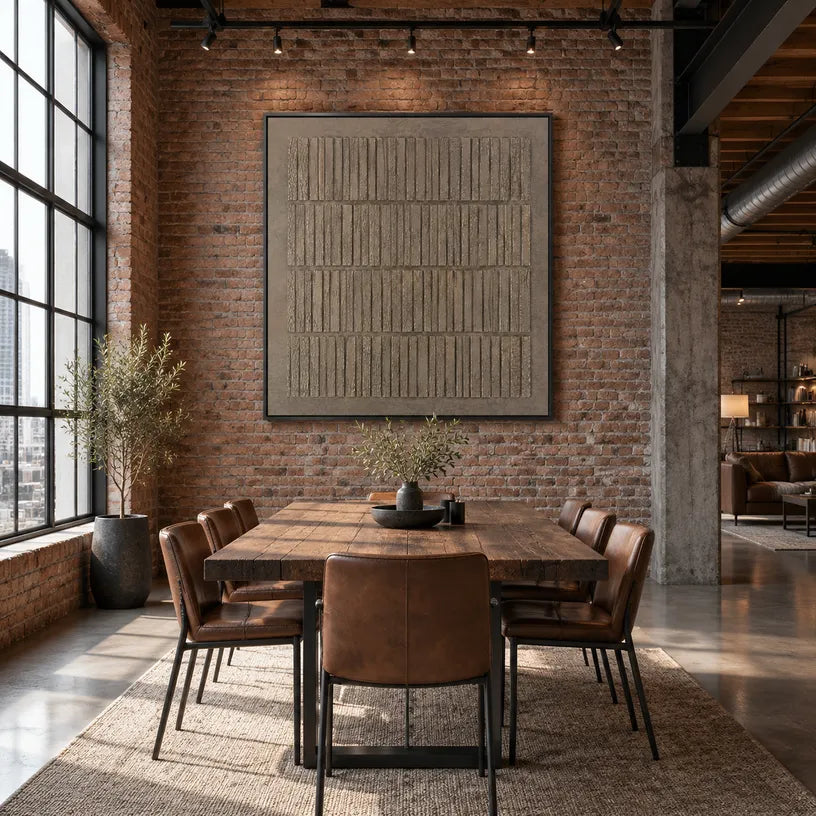 Wabi-Sabi abstract oil painting showing layered abstract marks, texture and expressive painterly movement in a brown palette.