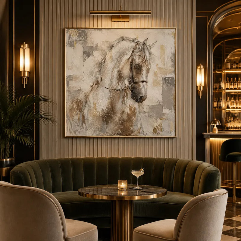 Peinture à l'huile d'animaux Wabi-Sabi présentant un sujet animal expressif rendu avec un pinceau visible dans une palette de gris.