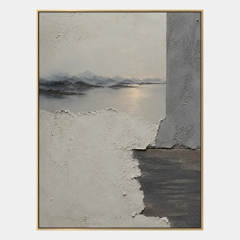 Wabi-Sabi abstract oil painting showing layered abstract marks, texture and expressive painterly movement in a grey palette.