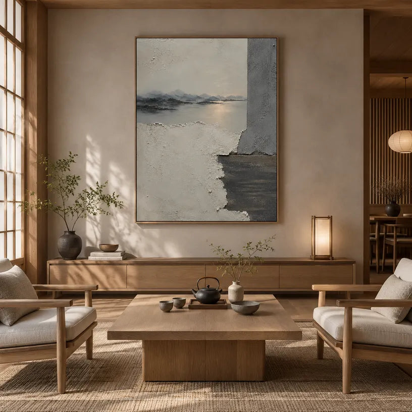 Wabi-Sabi abstract oil painting showing layered abstract marks, texture and expressive painterly movement in a grey palette.