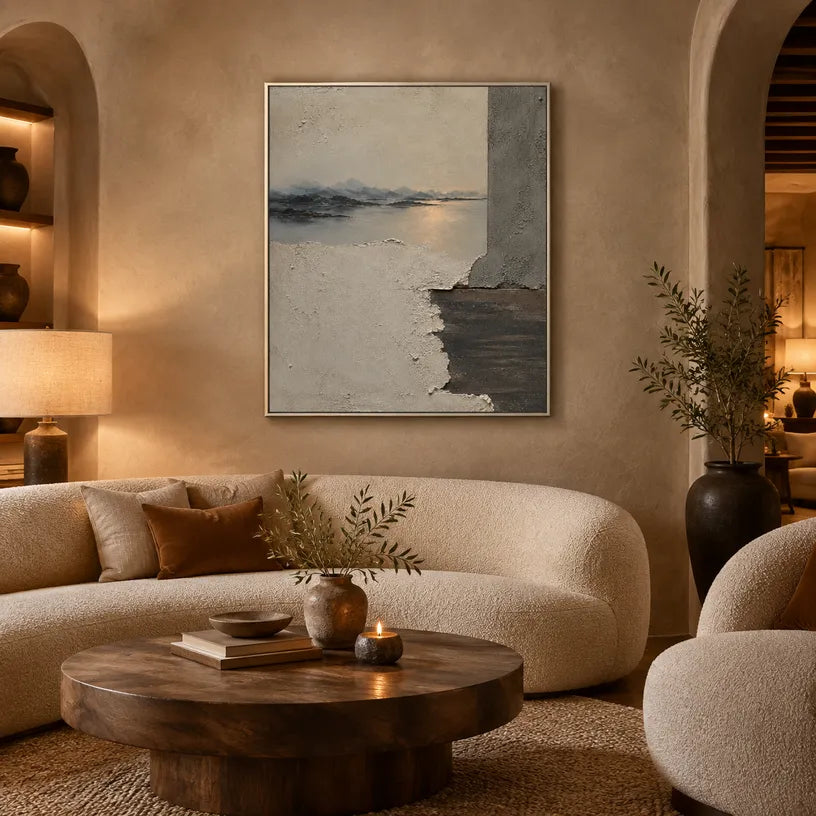 Wabi-Sabi abstract oil painting showing layered abstract marks, texture and expressive painterly movement in a grey palette.