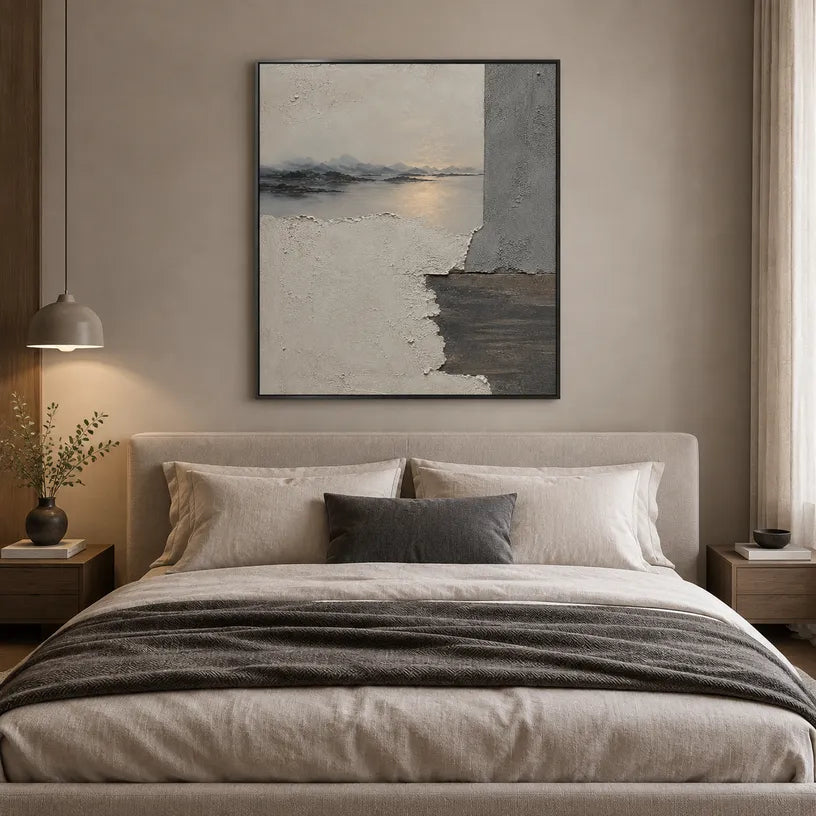 Wabi-Sabi abstract oil painting showing layered abstract marks, texture and expressive painterly movement in a grey palette.