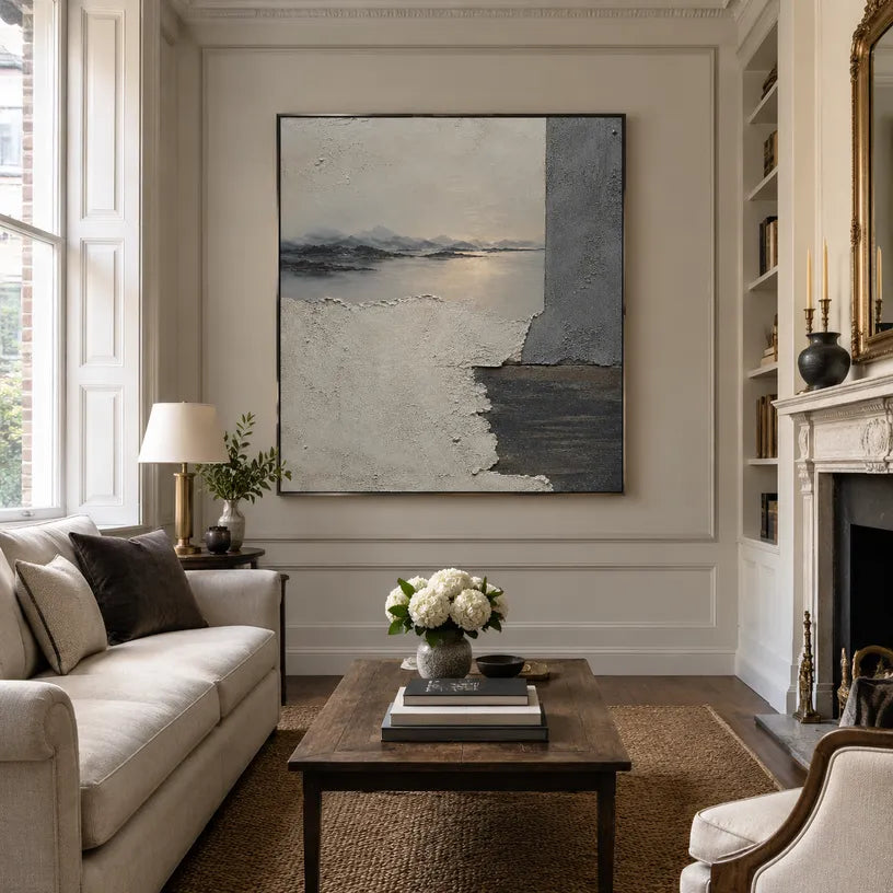 Wabi-Sabi abstract oil painting showing layered abstract marks, texture and expressive painterly movement in a grey palette.
