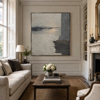 Wabi-Sabi abstract oil painting showing layered abstract marks, texture and expressive painterly movement in a grey palette.