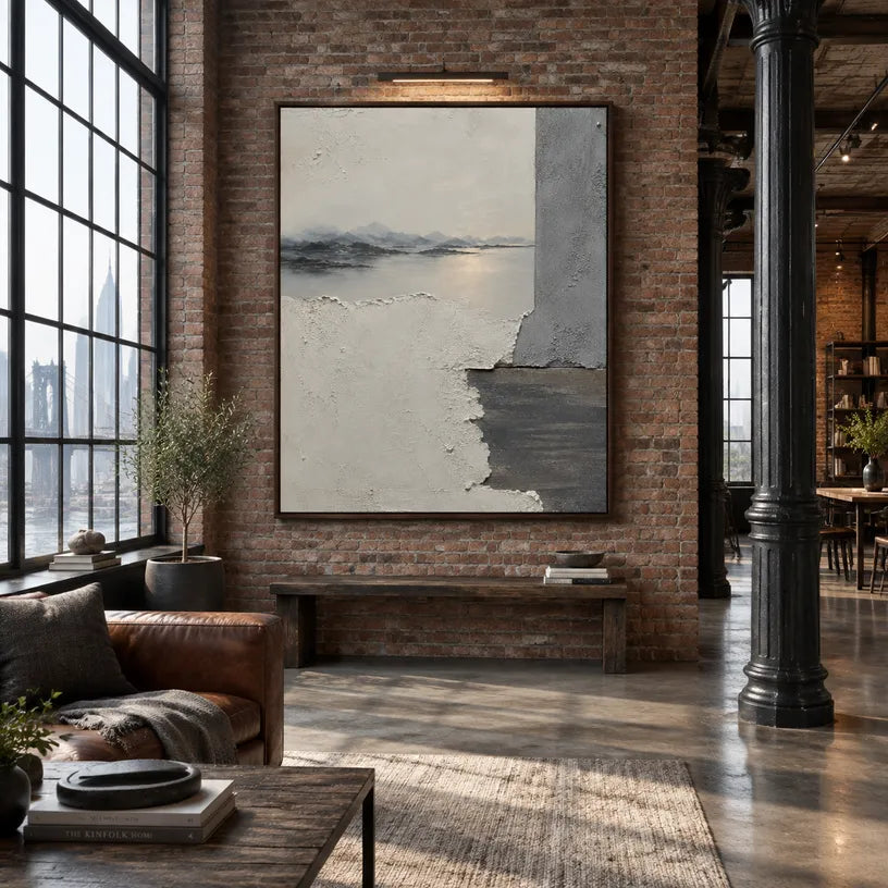 Wabi-Sabi abstract oil painting showing layered abstract marks, texture and expressive painterly movement in a grey palette.