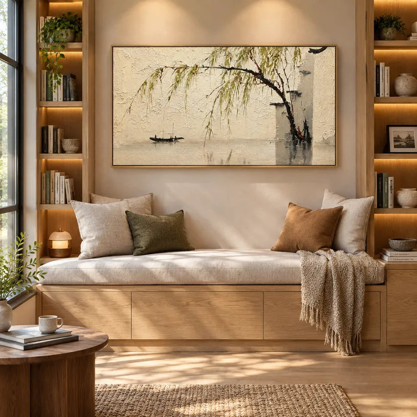 Wabi-Sabi abstract oil painting showing layered abstract marks, texture and expressive painterly movement in a beige palette.