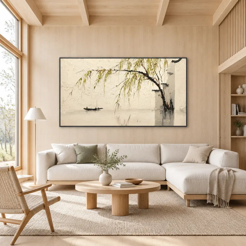 Wabi-Sabi abstract oil painting showing layered abstract marks, texture and expressive painterly movement in a beige palette.