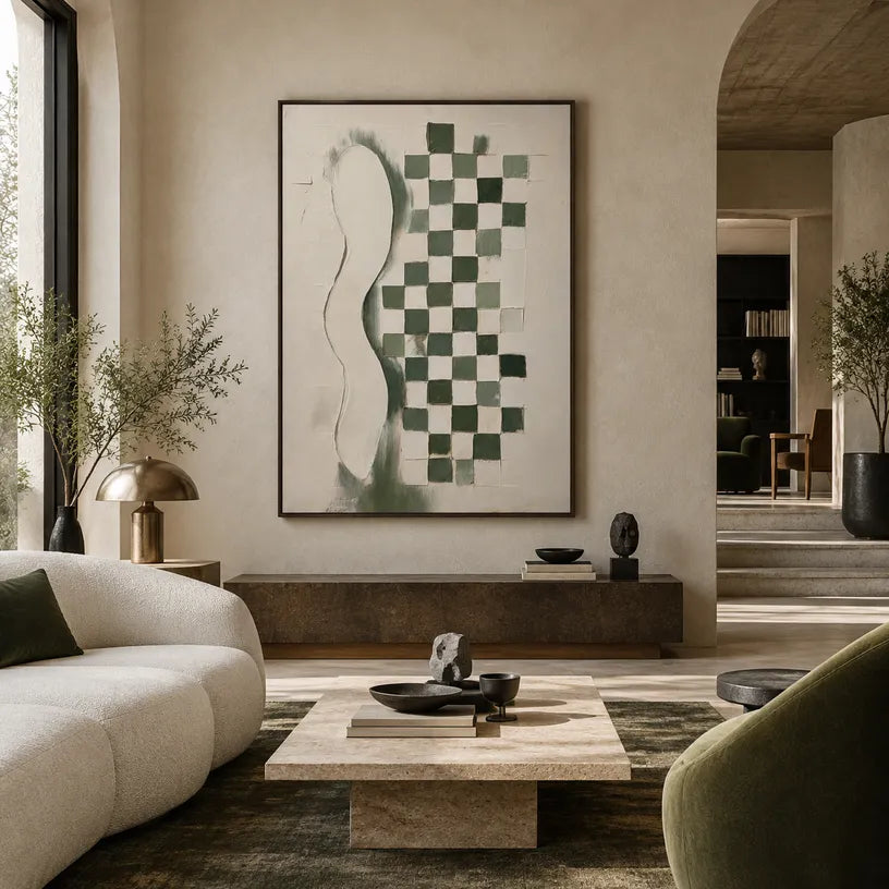 Wabi-Sabi abstract oil painting showing layered abstract marks, texture and expressive painterly movement in a beige palette.