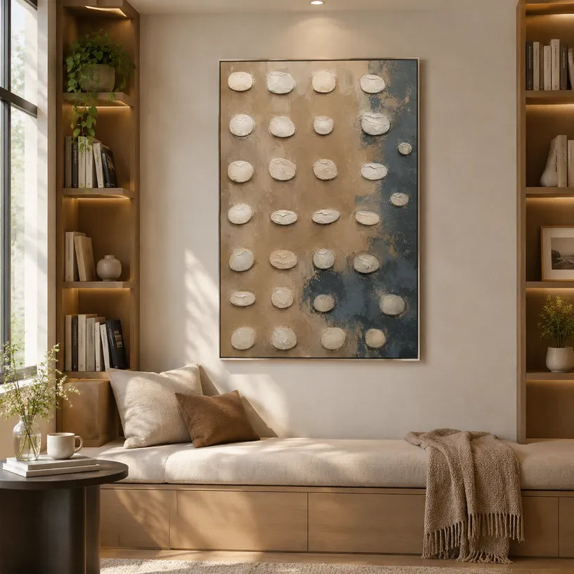 Wabi-Sabi abstract oil painting showing layered abstract marks, texture and expressive painterly movement in a brown palette.