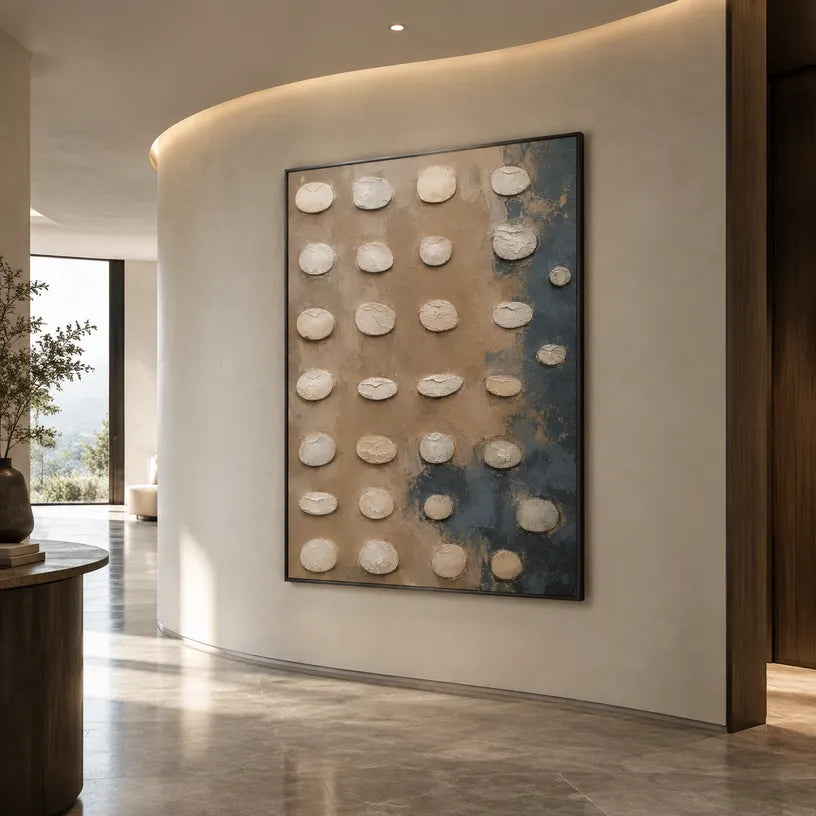 Wabi-Sabi abstract oil painting showing layered abstract marks, texture and expressive painterly movement in a brown palette.