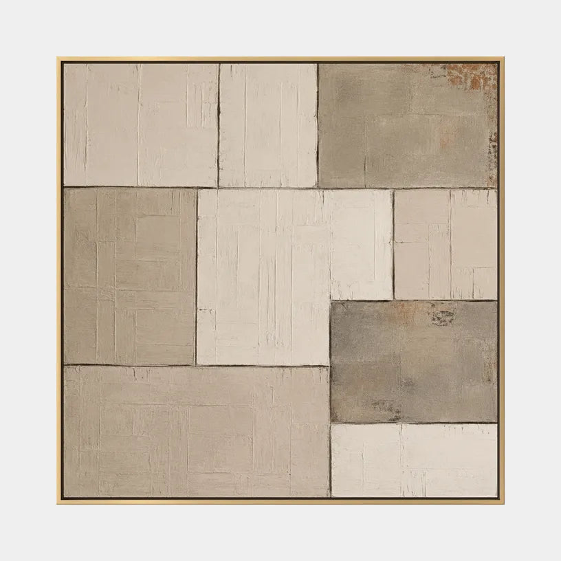 Wabi-Sabi abstract oil painting showing layered abstract marks, texture and expressive painterly movement in a brown palette.