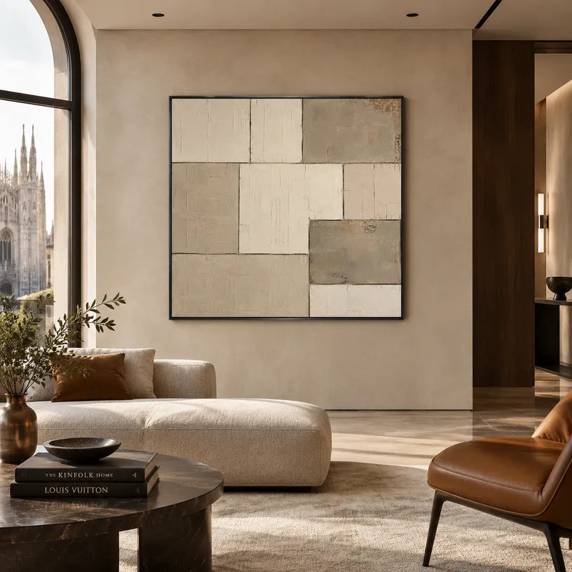 Wabi-Sabi abstract oil painting showing layered abstract marks, texture and expressive painterly movement in a brown palette.