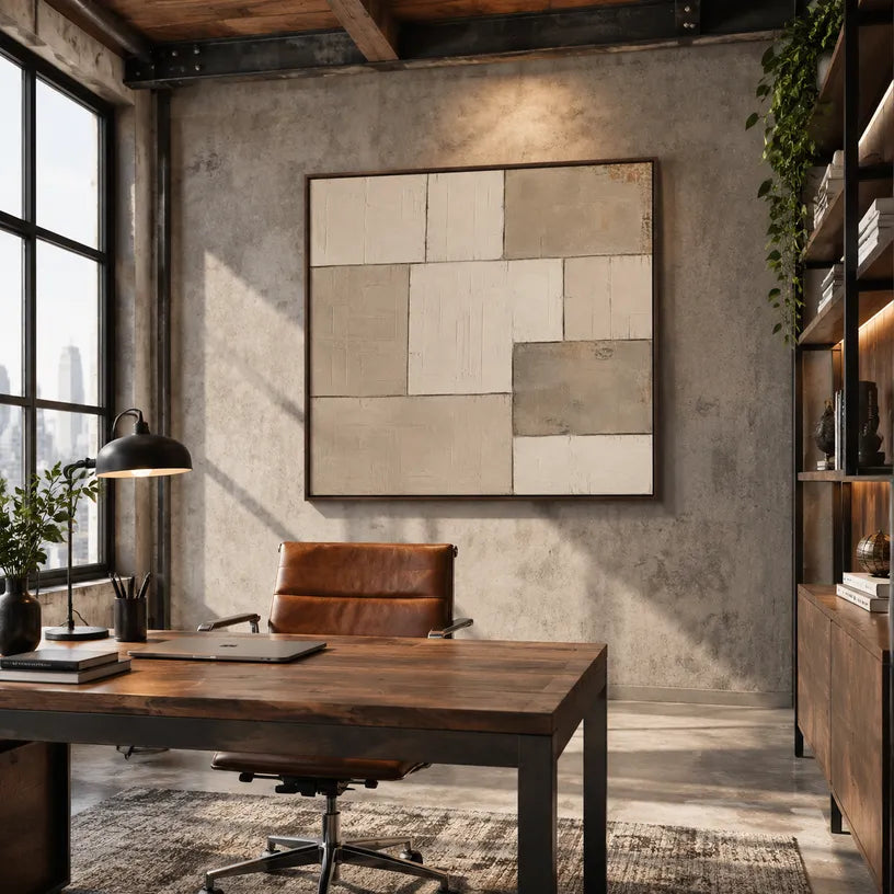 Wabi-Sabi abstract oil painting showing layered abstract marks, texture and expressive painterly movement in a brown palette.