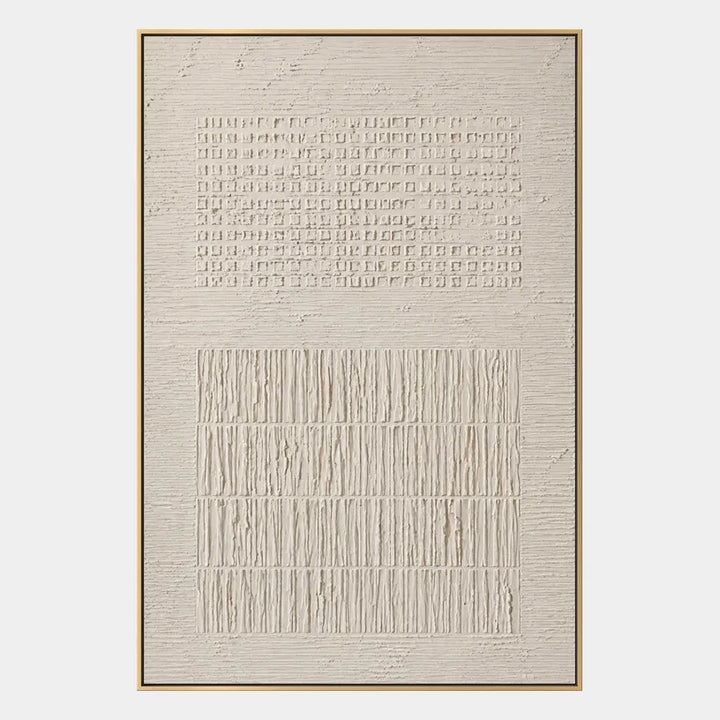 Pittura a olio astratta e concettuale Wabi-Sabi con segni astratti stratificati, consistenza e movimento pittorico espressivo in una tavolozza beige.
