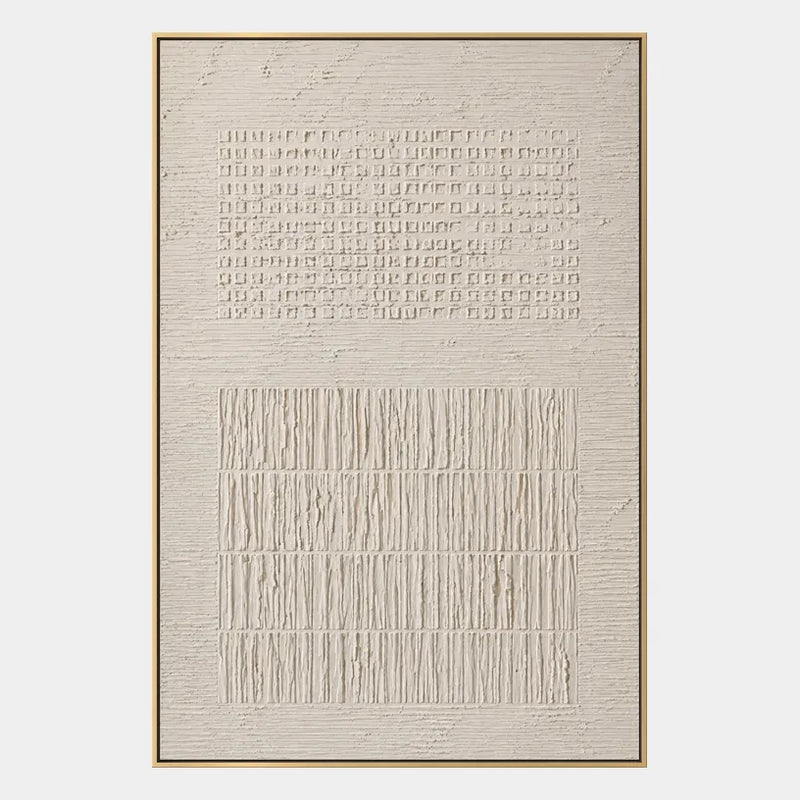 Abstraktes und konzeptuelles Ölgemälde von Wabi-Sabi mit geschichteten abstrakten Zeichen, Textur und ausdrucksstarker malerischer Bewegung in einer Beige-Palette.