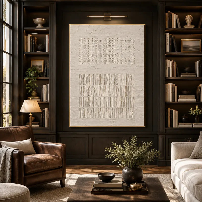 Wabi-Sabi abstract oil painting showing layered abstract marks, texture and expressive painterly movement in a beige palette.