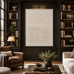 Wabi-Sabi abstract oil painting showing layered abstract marks, texture and expressive painterly movement in a beige palette.