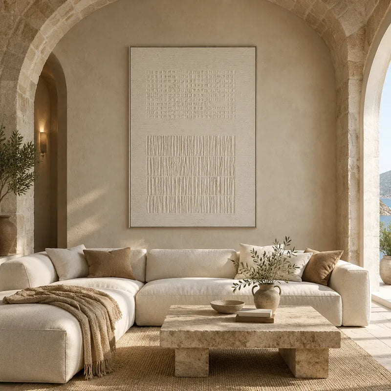 Abstraktes und konzeptuelles Ölgemälde von Wabi-Sabi mit geschichteten abstrakten Zeichen, Textur und ausdrucksstarker malerischer Bewegung in einer Beige-Palette.