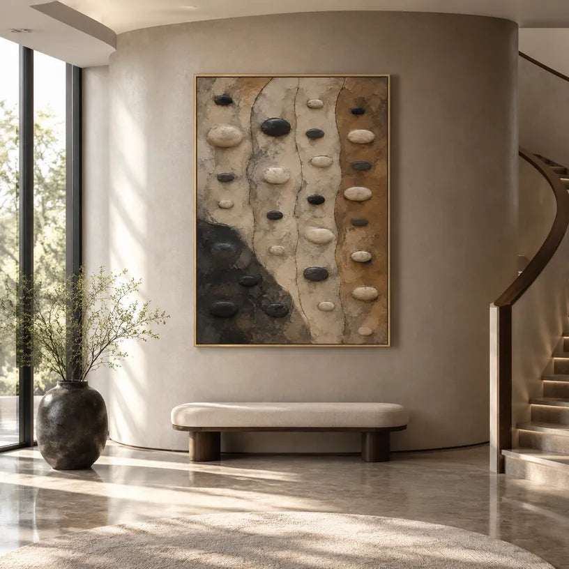 Wabi-Sabi abstract oil painting showing layered abstract marks, texture and expressive painterly movement in a brown palette.